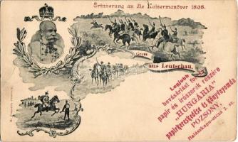 Lőcse, Levoca; Erinnerung an die Kaisermanöver 1898. / 1898-as Császári hadgyakorlatok emléklapja, Ferenc József. Rajta a pozsonyi Hungária könyvnyomda reklámja / In memory of the royal maneuvers and the presence of his Majesty the Emperor Franz Joseph I of Austria in Levoca. Art Nouveau, floral (szakadás / tear)