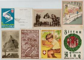 Kb. 100 db RÉGI motívumlap, jobb és érdekesebb darabokkal: üdvözlő, művész, katonai és uralkodó, lit...