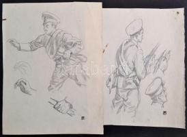 Helbing Ferenc (1870-1958): Katonák (vázlatok) 2 db. Grafit, papír, jelzett (bélyegzős pecsét), 28×24 és 31×24 cm