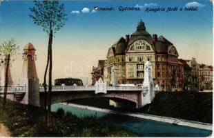 Temesvár, Timisoara; Gyárváros, Hungária fürdő a híddal, villamos / Fabrica, bathing hall, spa, bridge with tram