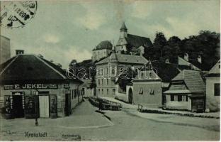 1909 Brassó, Kronstadt, Brasov; Martinsberg / Fellegvár-hegy, Mártonhegyi szász evangélikus templom, E. Jekel üzlete. Kiadja H. Zeidner / street view with Lutheran church, shops