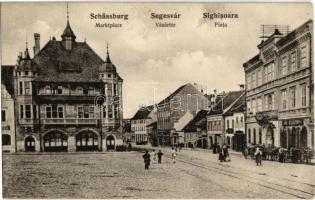 Segesvár, Schässburg, Sighisoara; Marktplatz / Vásártér, Essigmann üzlete. Kiadja W. Nagy / Piata / market square, shops (Rb)