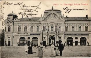 1909 Torda, Turda; Posta és Pénzügyi Palota, Turcza Géza üzlete, Bethleni műmalom liszt főraktára, Cs. Mike Márton Gyógyszertára a Védangyalhoz. Kiadja Fodor Domokos / post office, financial palace, flour warehouse, pharmacy (b)