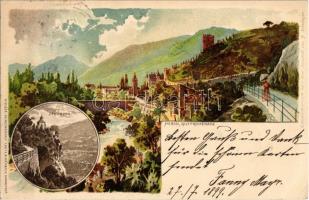 1899 Merano, Meran (Südtirol); Gilfpromenade, Zenoburg / Castel San Zeno / castle. Kunstanstalt Lautz & Isenbeck No. 6185a. litho s: J. Schubiger (EK)