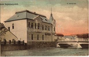 Vajdahunyad, Hunedoara; Cserna híd, Hummel Viktor üzlete. Adler fényirda 1910. / Cerna river bridge, shop (fl)