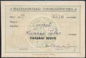 1922 Magyarországi Turán-Szövetség Szeged tagsági jegy
