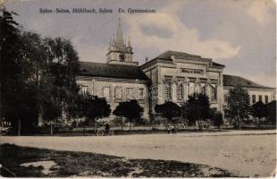 1913 Szászsebes, Mühlbach, Sebesul Sasesc, Sebes; Evangélikus gimnázium, kerékpáros fiú. Kiadja A. Gross / Lutheran high school, boy with bicycle (EK)