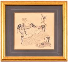 Gebauer Ernő (1892-1962): Nő a vánkoson. Tus, papír, üvegezett keretben, 17×17 cm