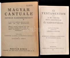 Új testamentom. Fordította: Károli Gáspár. Bp.,1911, Brit és Külföldi Biblia-Társulat. Kiadói egészvászon-kötésben.+Magyar cantuale. Egyházi karénekeskönyv. Szerk.: Bárdos Lajos, Kertész Gyula, Koudela Géza. Bp.,é.n., Magyar Kórus. Átkötött modern egészvászon-kötés.