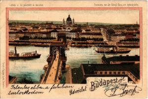 1901 Budapest, látkép a királyi vártól, Lánchíd, Bazilika, gőzhajó. Gustav Ertel Art Nouveau, litho (EB)