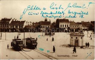 Szombathely, Fő tér, villamosok, Szentháromság szobor, Weiner József, Csillag Adolf fia, Deutsch József és társa és Amerikai Nagy áruház üzlete. Dukesz Jenő kiadása