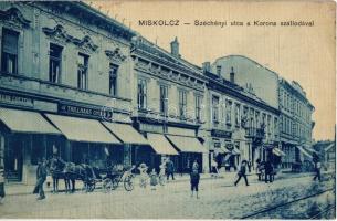 1915 Miskolc, Széchenyi utca, Hotel Korona szálloda, Trillhaas Gyula, Heinemann Frigyes, Herskovits Mór üzlete. Kiadja Ferenczi B. (EK)