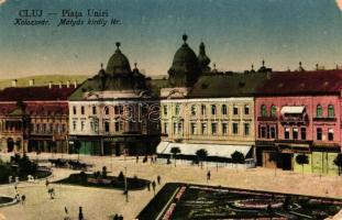 Kolozsvár, Cluj; Mátyás király tér, Haraszthy Jenő kereskedése / square, shop, bank, vissza So. Stpl