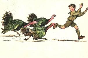 1933 Cserkész menekül a dühös pulykák elől. Magyar Cserkészszövetség kiadása / Hungarian scout art postcard with angry turkey s: Márton L. + 1933 Gödöllő IV. Jamboree So. Stpl