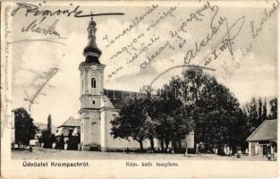 1906 Korompa, Krompach, Krompachy; Római katolikus templom, üzlet / Catholic church, shop (EK)