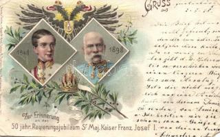 1848-1898 Zur Erinnerung 50 jähr. Regierungsjubiläum Sr. Maj. Kaiser Franz Josef I / Franz Josephs 50th anniversary of reign. Regel & Krug Art Nouveau litho (cut)