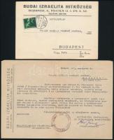 1947 Budai Izraelita Hitközség levelezőlapja és levele