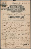 1890 Temesvár, S. Eisenstädter & Co. díszes fejléces számlája 5 kr okmánybélyeggel, rajta az épület képével. / Invoice