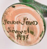 2 db Korondi fazekas tárgy: gyertyatartó, váza, zöld mázas kerámia, jelzettek, apró kopásokkal, külö...