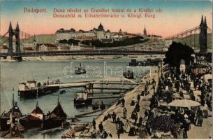 1911 Budapest, Dunai rakpart, piac, dinnyevásár, Erzsébet híd, háttérben a vár