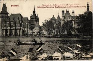1910 Budapest XIV. Városligeti tó, Vajdahunyad vára, csónakok zászlókkal (EK)