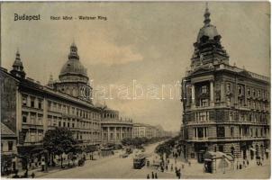 1909 Budapest VI. Váci körút (mai Bajcsy-Zsilinszky út), villamos, Fonciere pesti biztosító, Grünwald Lipót üzlete, Bazilika