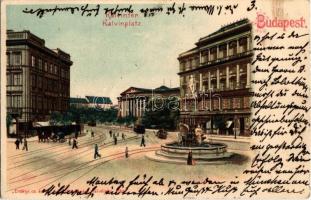 1904 Budapest VIII. Kálvin tér, szökőkút, villamosok, Nemzeti múzeum. litho