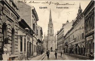 1906 Újvidék, Novi Sad; Futtaki utca, templom, Otthon kávéház, Heksch Nővérek üzlete / street view with shop and church, cafe