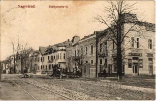 1915 Nagyvárad, Oradea; Rulikovszky út, üzletek, villamos sínpálya. Kiadja Rigler József Ede rt. társfiókja / street view with shops, tramway (fl)