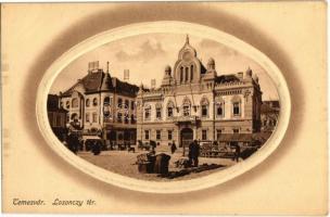 Temesvár, Timisoara; Losonczy tér, Szerb ortodox püspöki palota, Szerb templom, piaci árusok / square, market vendors, Serbian Orthodox church and bishop's palace