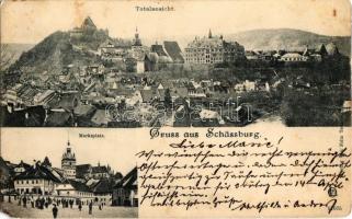 1901 Segesvár, Schässburg, Sighisoara; Totalansicht, Marktplatz / látkép, vár, piactér, piaci árusok és üzletek. Kiadja Fritz Teutsch / general view, castle, market square with shops and vendors (EM)