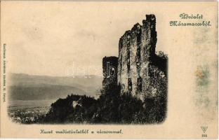 Huszt, Chust, Khust; Huszt madártávlatból a várral. Kiadja Kaufmann Ábrahám / Khustskyi zamok / castle ruins (fl)