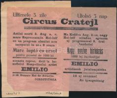 cca 1920 Az erdélyi Circus Cratejl előadásának szórólapja Nagybányáról, benne nagy medve birkózással