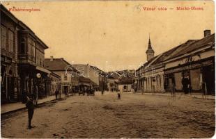 1908 Fehértemplom, Ung. Weisskirchen, Bela Crkva; Vásár utca, Bauer, Nikolaus Stojanovics üzlete. W. L. 1168. / Markt-Gasse / street view with shops (EM)
