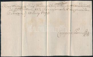 1794 Nemes ecsedi Csapó Sámuel (1761-1803) debreceni kereskedő igazolása Wartensleben gróf részére, tőle vett komód kifizetéséről, aláírásával