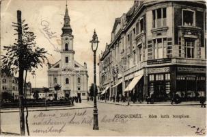 1915 Kecskemét, Római katolikus templom, utca, Biztosító társulat főügynöksége, Moskovits cipőgyár üzlete. Fekete Soma kiadása (EK)