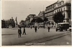 Bucharest, Bucuresti; Universitatea / street view with university, autobus, statue. I. Podeanu photo