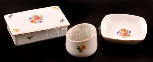 Hollóházi porcelán virágmintás bonbonier, kis tálka és kínáló, 3 db, matricás, jelzett