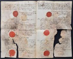 1834 Haszonbérleti szerződés az Esterházy uradalomban található földre, 8 db viaszpecséttel, erősen ...