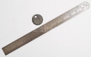 Acél vonalzó (30 cm) és körmérő (2,4 cm), cm és inch beosztással