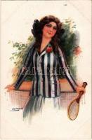 Tennis player lady with tennis racket. Italian art postcard. ERKAL No. 336/3. s: Usabal