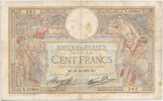 Franciaország 1937. 100Fr T:III tűlyukak France 1937. 100 Francs C:F needle holes Krause 78.c