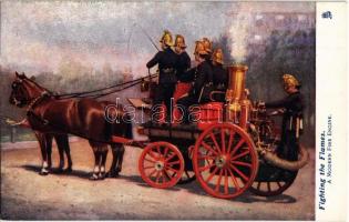 Fighting the flames. Firefighters in work. Raphael Tuck & Sons Oilette 6459.