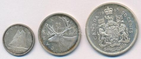 Kanada 1965. 10c Ag + 25c Ag + 50c Ag T:1- (eredetileg PP) karc, kis patina Canada 1965. 10 Cents Ag + 25 Cents Ag + 50 Cents Ag C:AU (originally PP) scratch, small patina