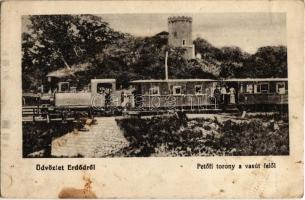 Erdőd, Ardud; Petőfi torony a vasút felől, gőzmozdony / castle, locomotive (fl)