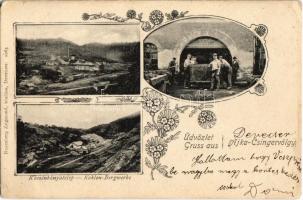 1901 Ajka-Csingervölgy, Kőszénbánya telep, bányászok csillével a tárna bejárat előtt Glück auf! felirat. Rosenberg Zsigmond kiadása, Art Nouveau, floral (EK)