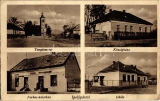 1943 Ipolypásztó, Pásztó, Pastovce; Templom tér, községháza, iskola, Farkas üzletház és Farkas Lászlóné kiadása / church, square, town hall, school, shop  (EK)