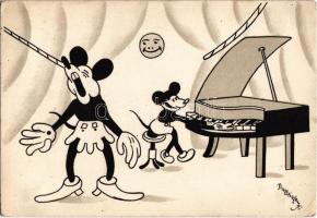 Mickey Mouse playing on the piano, Minnie Mouse singing. Early Disney art postcard s: Bisztriczky (Rb)