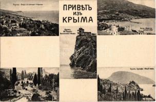 Crimea, Crimée, Krym; Greetings from Crimea! Alupka, Yalta, Suuk-Su (Lisne), Gurzuf, Swallows Nest Castle (Lastochkino gnezdo) in Gaspra, Ai-Todor Cape. Edition Eckel & Kallach No. 1003.