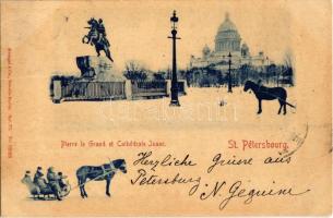 1900 Sankt-Peterburg, Saint Petersburg, St. Petersbourg; Pierre le Grand et Cathedrale Isaac / Isaakievskiy Sobor / Saint Isaac's Cathedral in winter, Peter the Great monument (Bronze Horseman), horse sled